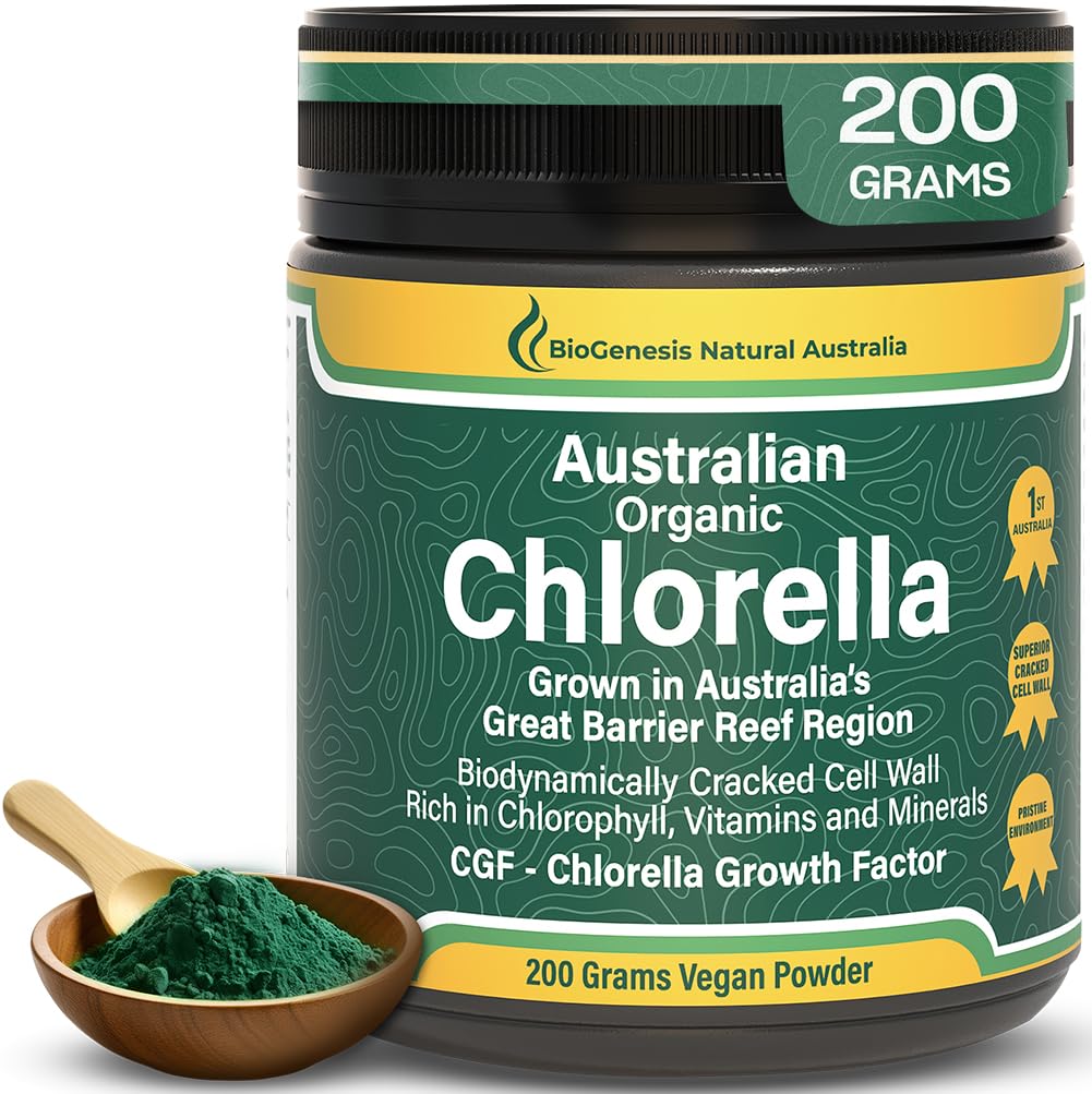 Biogenesis Organic Chlorella Powder in emerald bottle, Australian-grown greens for natural energy.