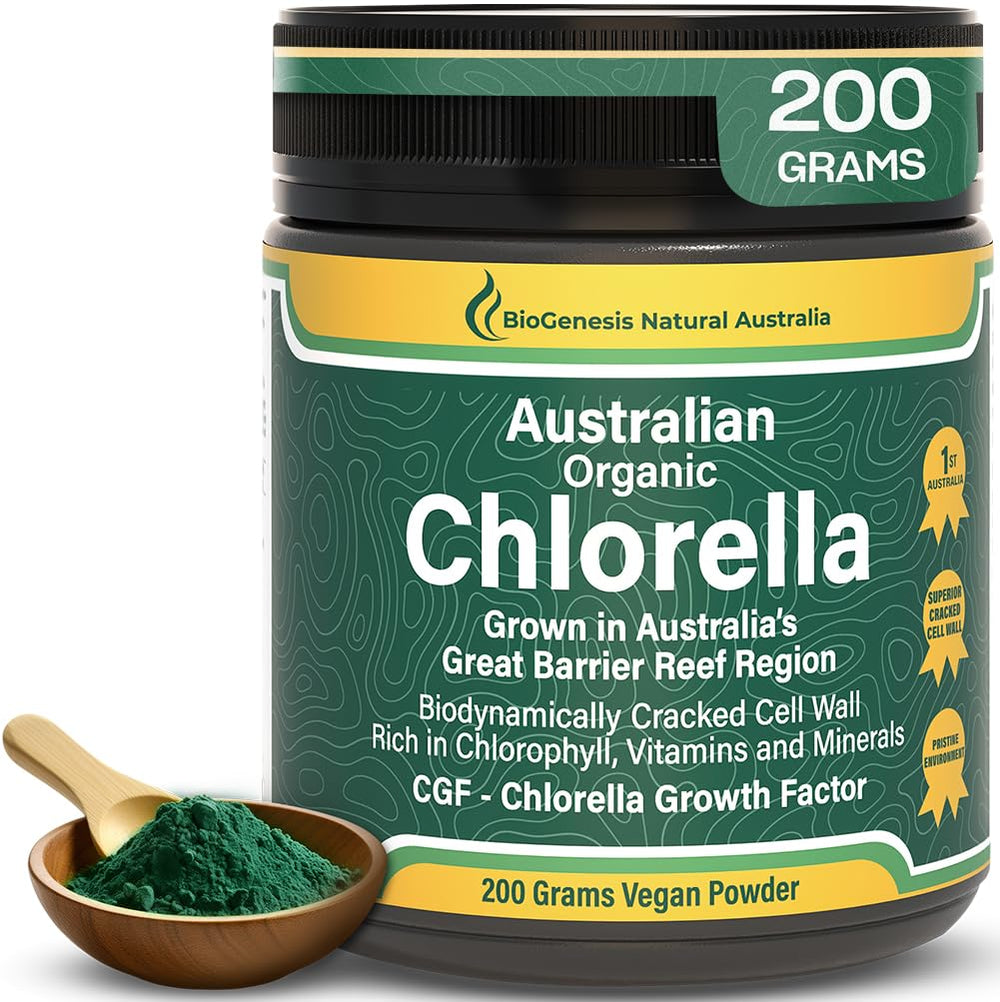 Biogenesis Organic Chlorella Powder in emerald bottle, Australian-grown greens for natural energy.