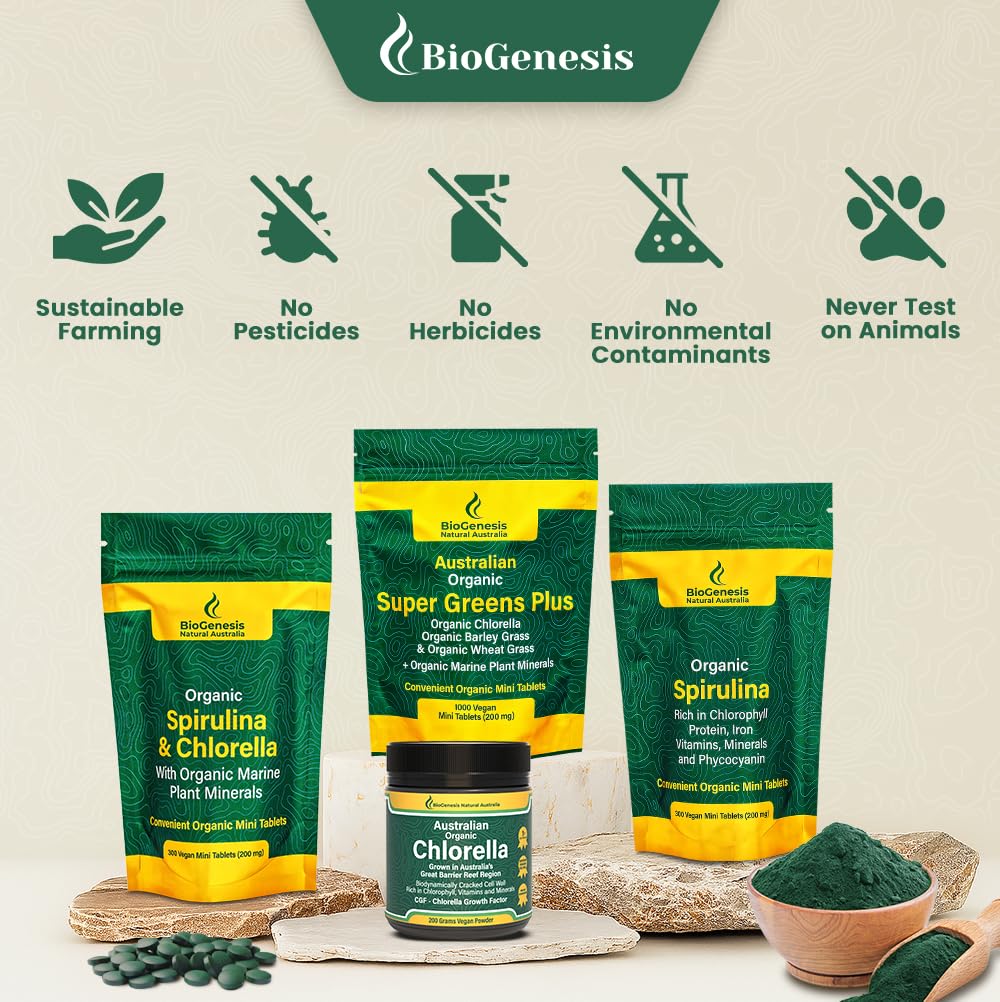 Biogenesis chlorella powder, lab-tested purity from pesticide-free origins.