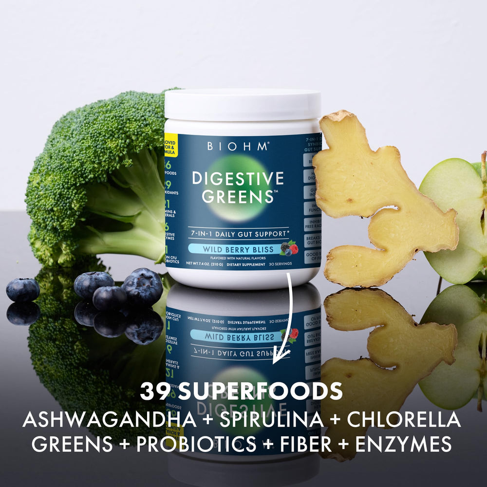 BIOHM Digestive Greens non-GMO and gluten-free formulation on label.