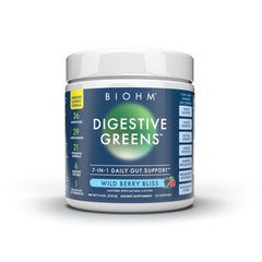 BIOHM Digestive Greens bottle label highlighting 7-in-1 gut support benefits.