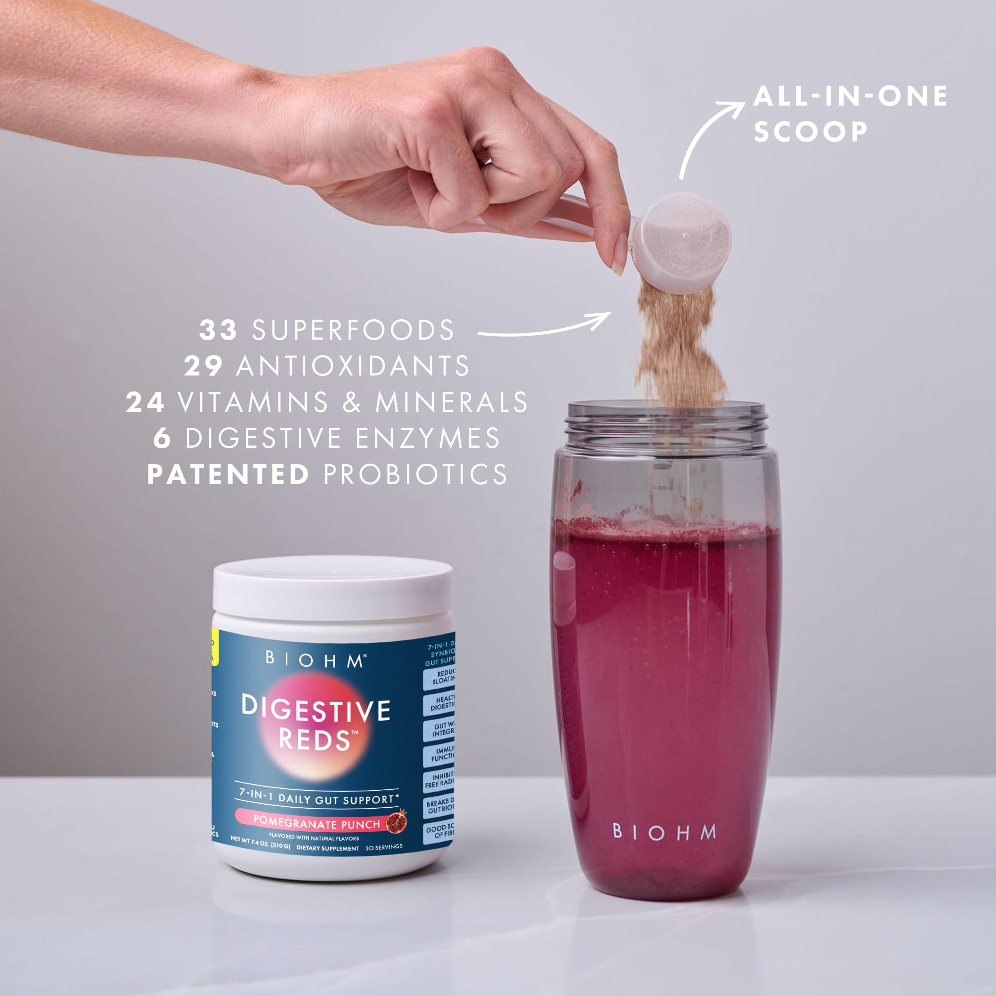 BIOHM Digestive Reds includes pomegranate for flavor and nutrients