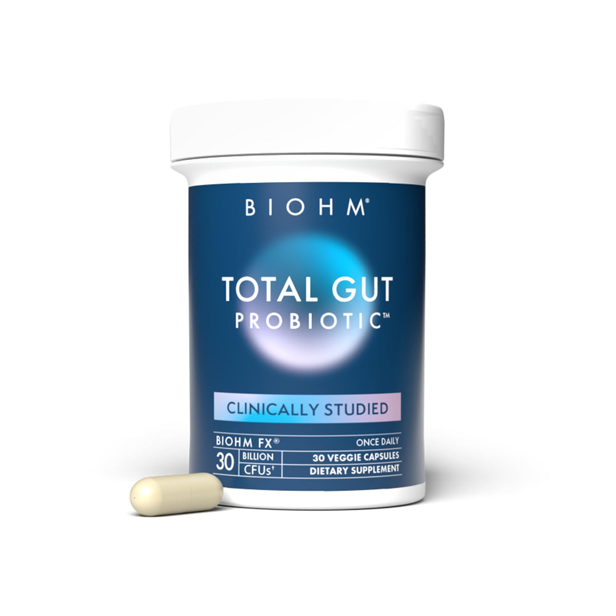 BioHM Total Probiotic bottle ready for daily digestive balance on the go.