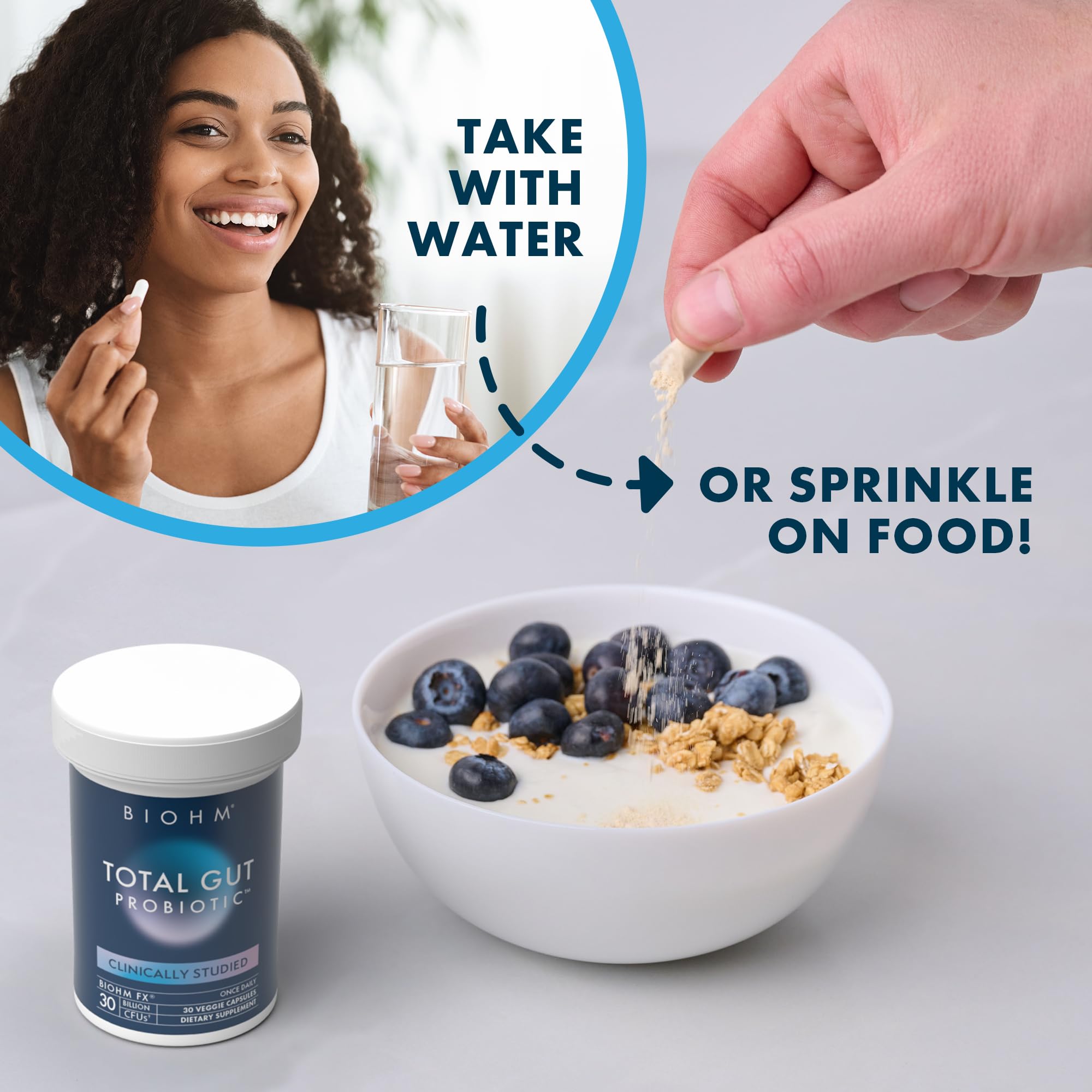 BioHM Total Probiotic pour action demonstrates convenient daily gut health routine.
