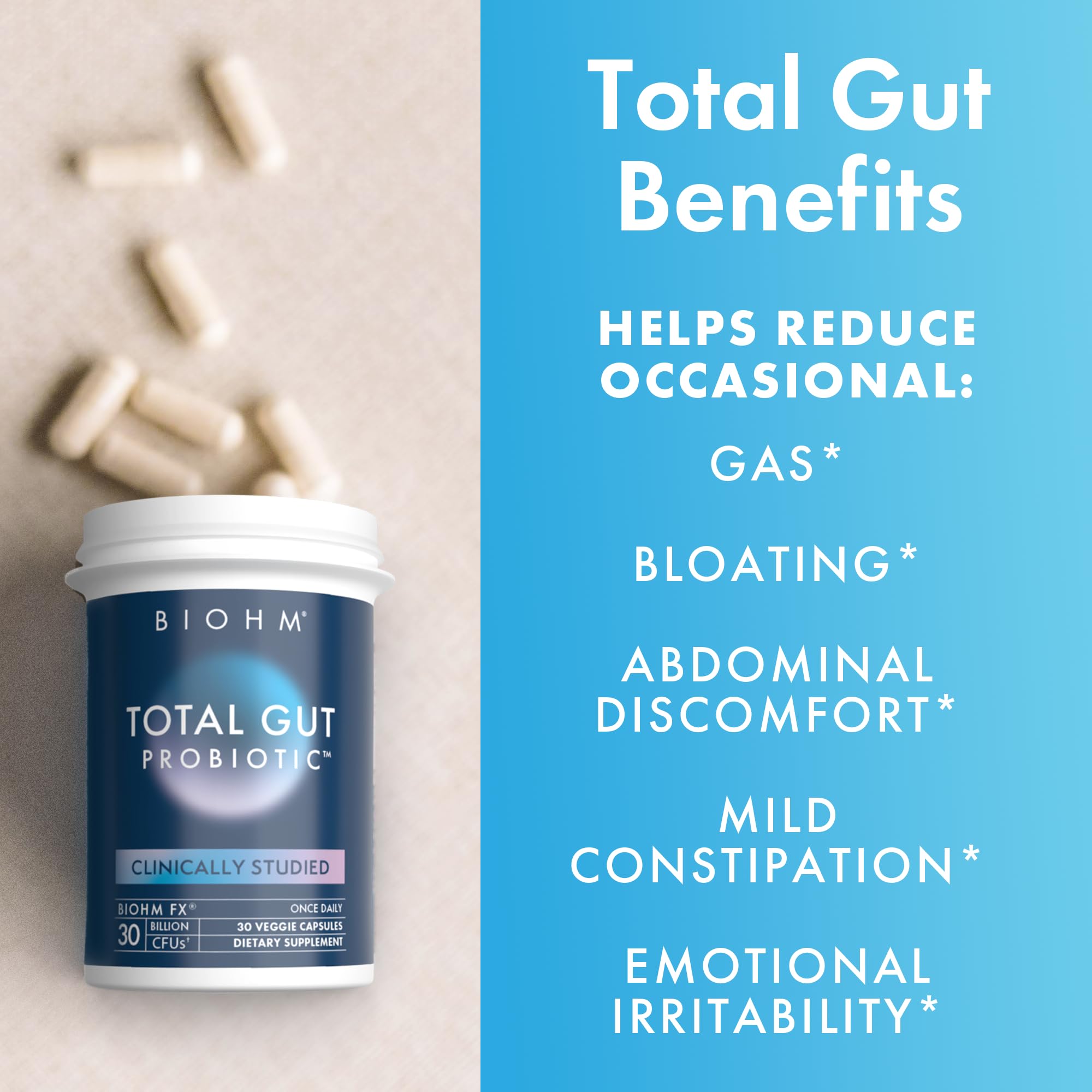 BioHM Total Probiotic shelf-stable USA production highlights quality.