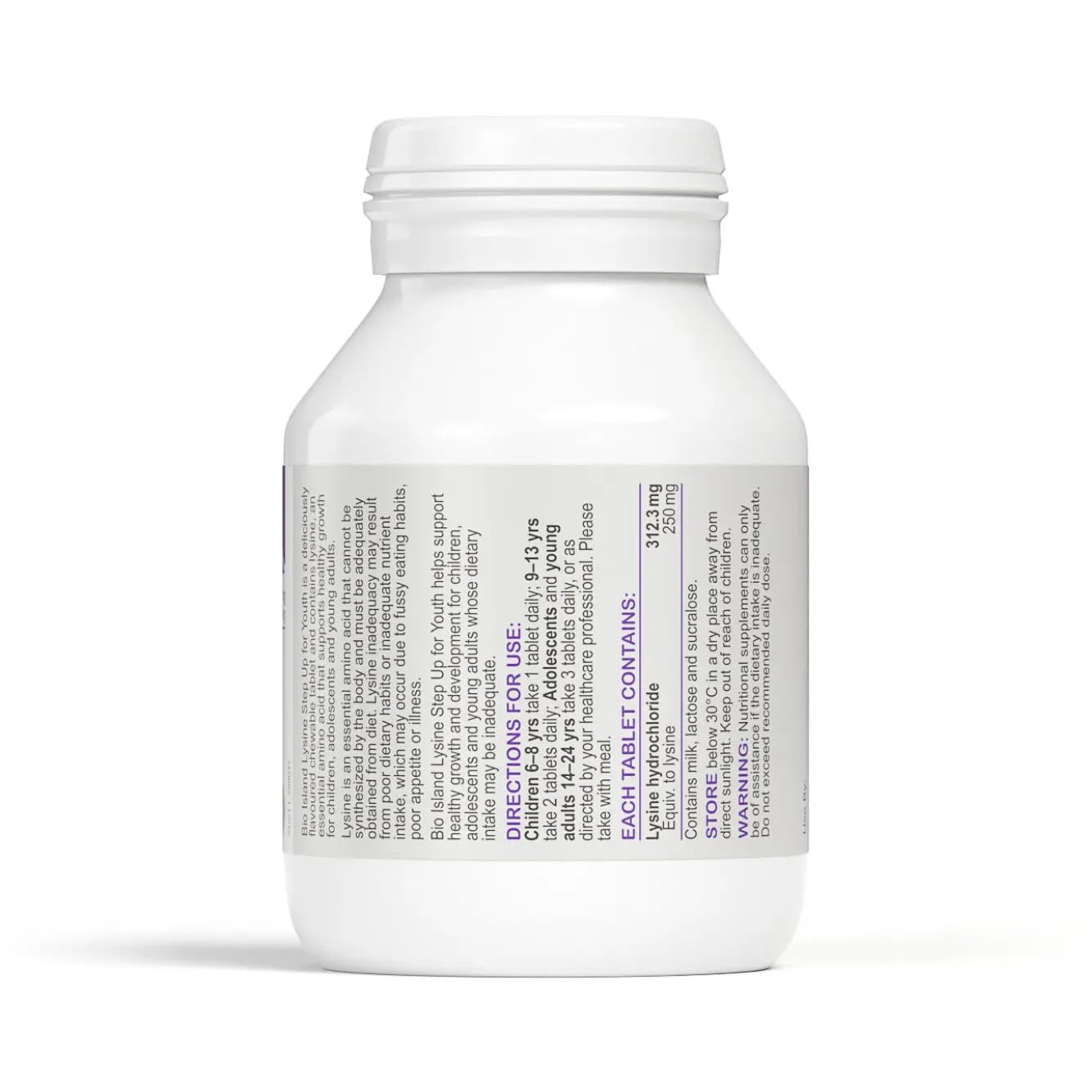 Close-up of Bio Island Lysine Step Up for Youth chewables supporting collagen formation and tissue repair.