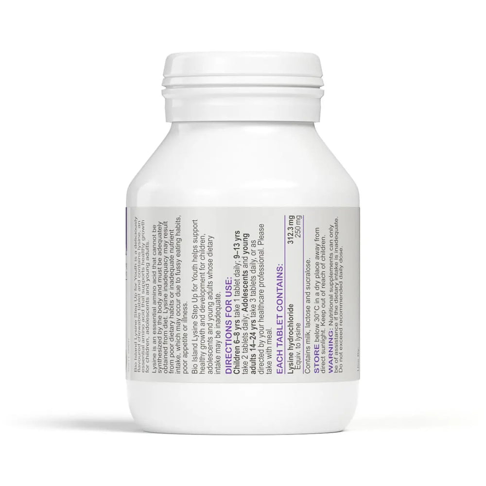 Close-up of Bio Island Lysine Step Up for Youth chewables supporting collagen formation and tissue repair.