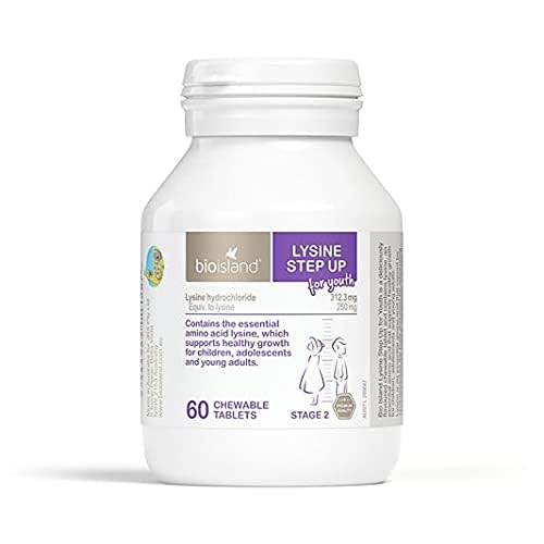Bio Island Lysine Step Up for Youth nutrition label shows 60 chewables per pack.