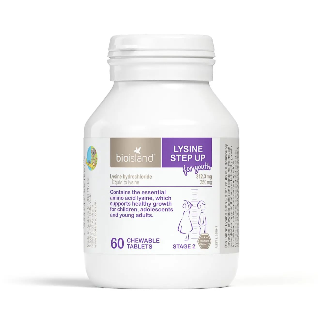 Bio Island Lysine Step Up for Youth packaging promotes growth support and immunity.