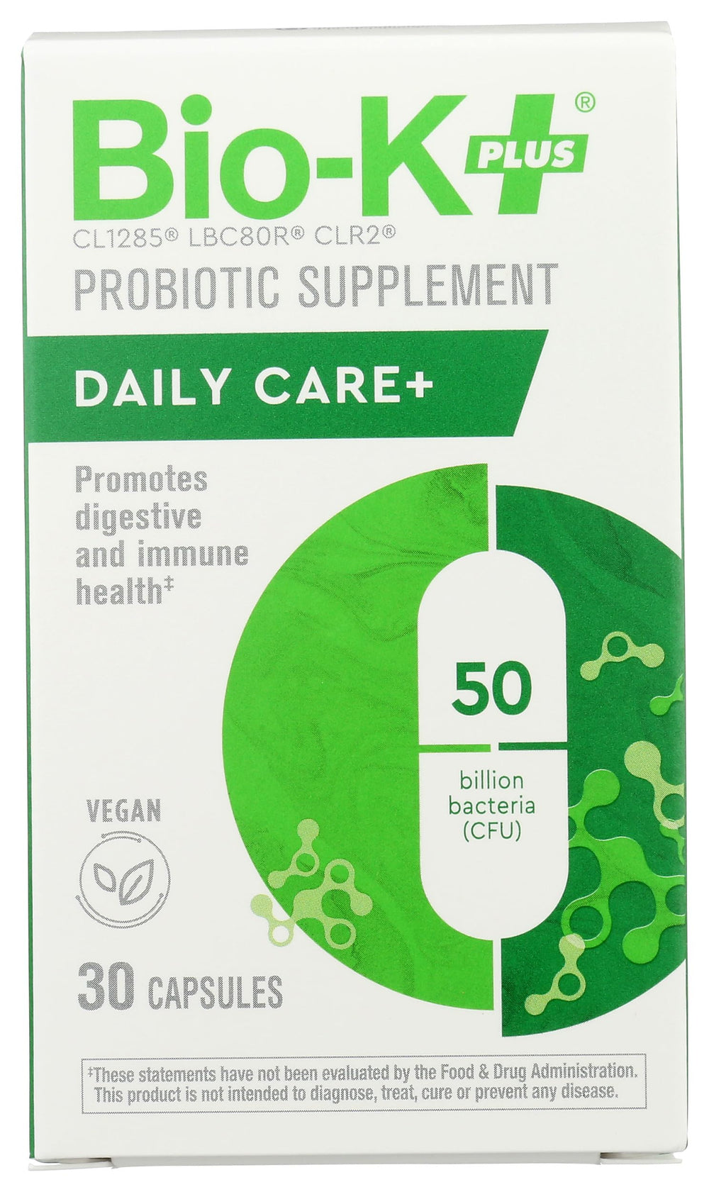 Bio-K Plus Dailycare bottle front with 50B CFU probiotics for daily use