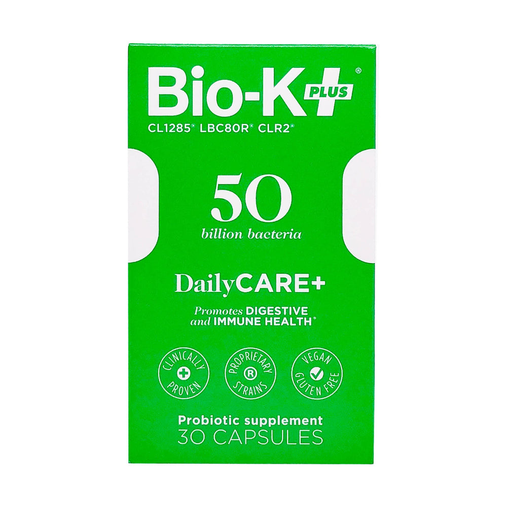 Bio-K Plus Dailycare bottle label showing vegan and gluten-free attributes
