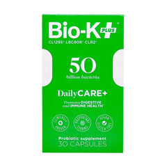 Bio-K Plus Dailycare bottle label showing vegan and gluten-free attributes