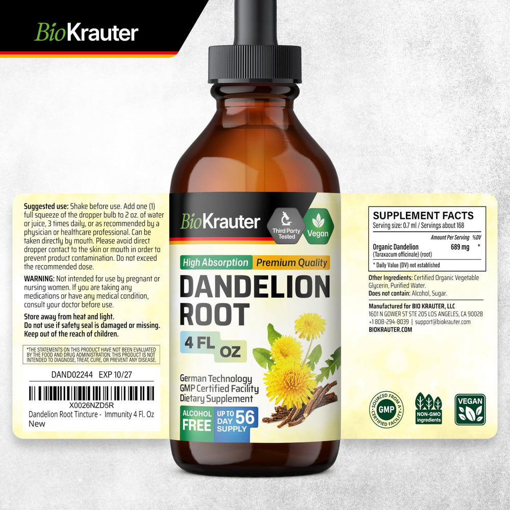 BIO KRAUTER Dandelion Root daily-use bottle in hands for scale.