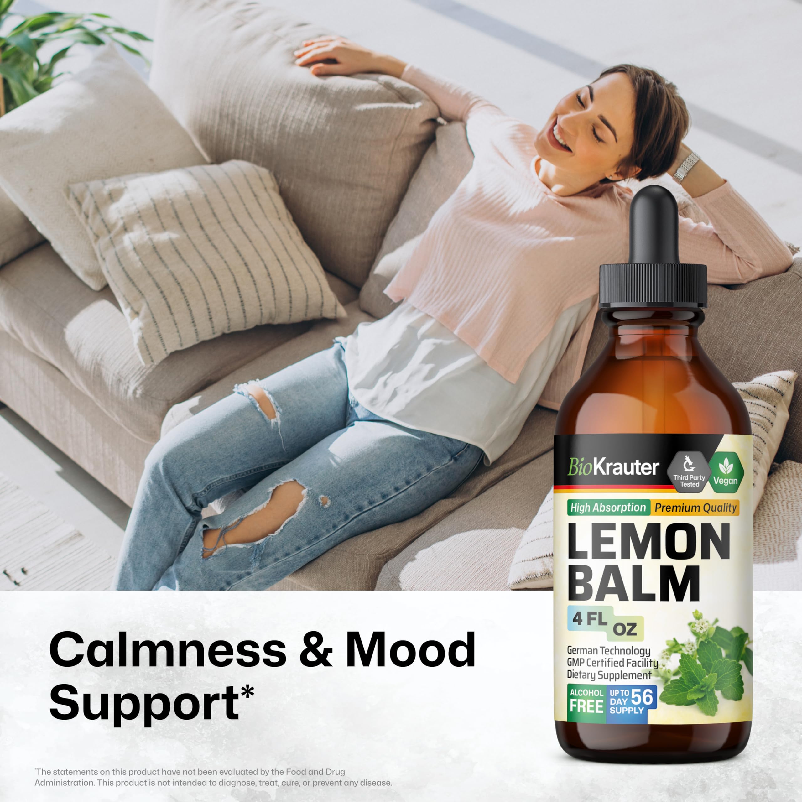 BIO KRAUTER Lemon Balm Tincture dropper releasing calm liquid.