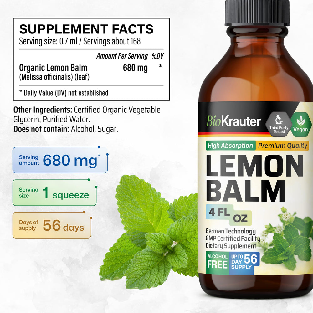 BIO KRAUTER Lemon Balm Tincture label highlights vegan, alcohol-free formula.
