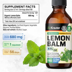 BIO KRAUTER Lemon Balm Tincture label highlights vegan, alcohol-free formula.