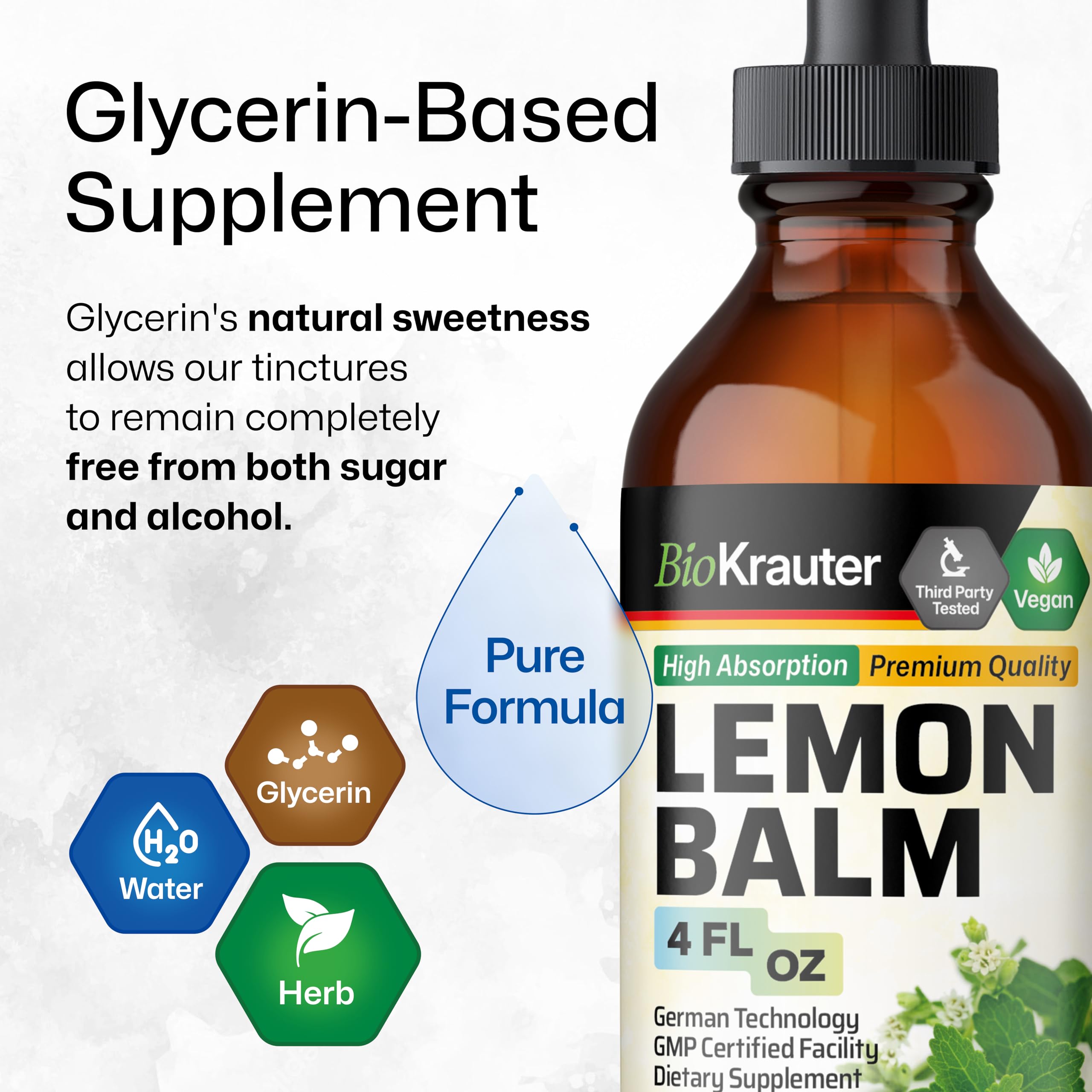BIO KRAUTER Lemon Balm Tincture vegan, alcohol-free formulation.