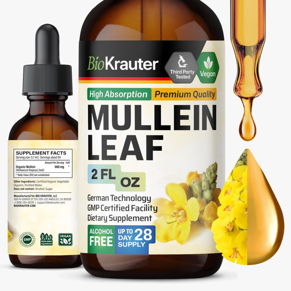 BIO KRAUTER Mullein Leaf Extract bottle shows a clean-label lung-support product