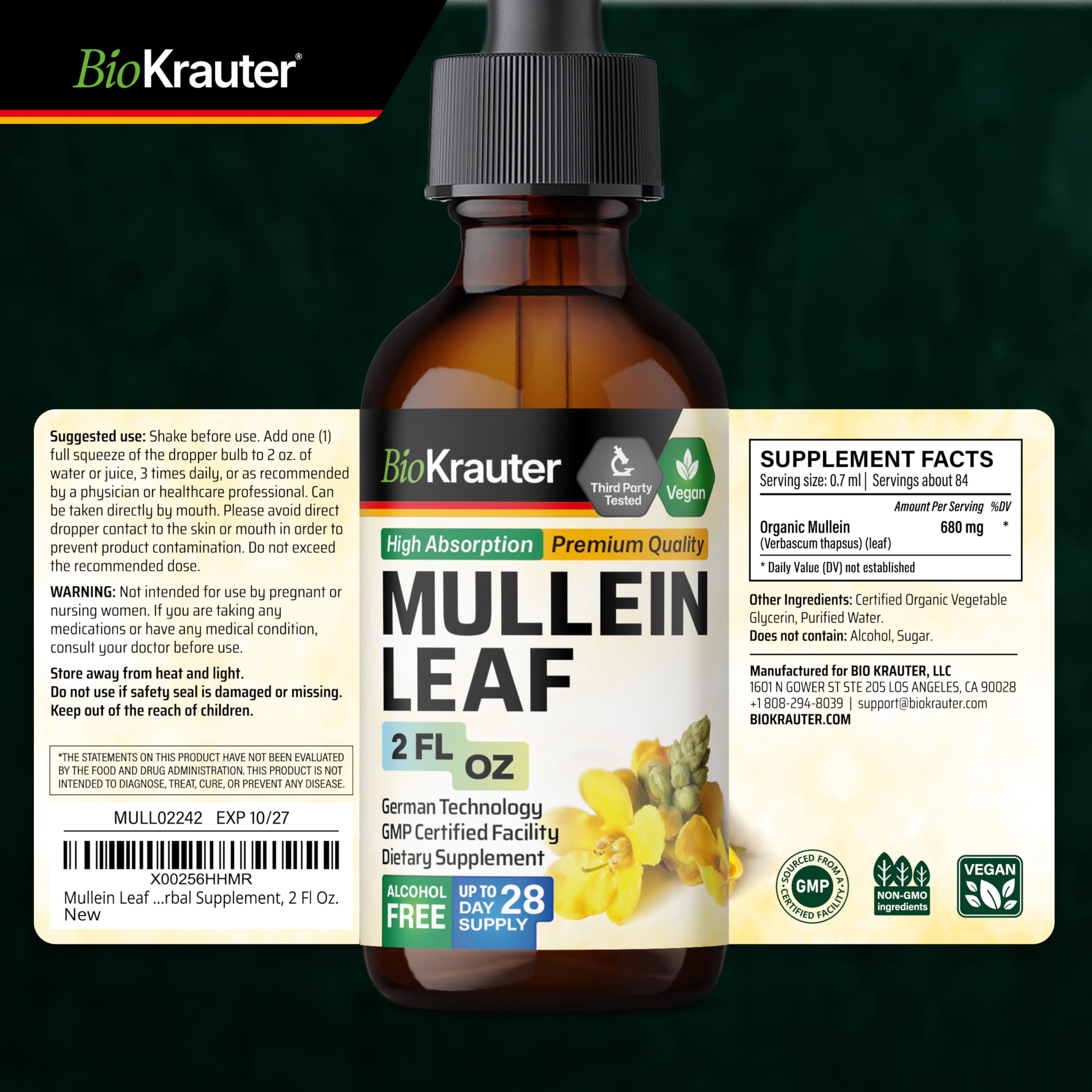 BIO KRAUTER Mullein Drops shake-before-use reminder appears on the image