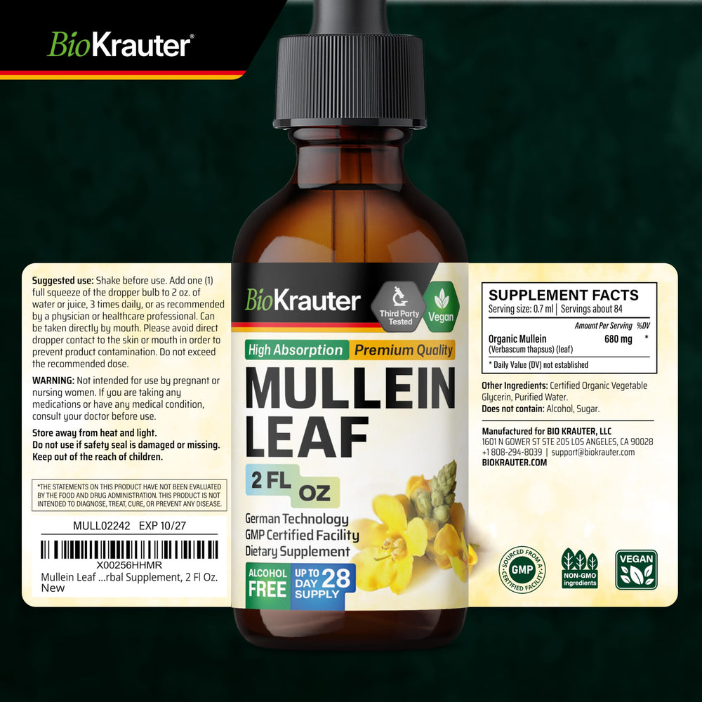 BIO KRAUTER Mullein Drops shake-before-use reminder appears on the image