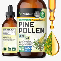 BIO KRAUTER Pine Pollen Tincture bottle highlights natural, alcohol-free formula for immune support