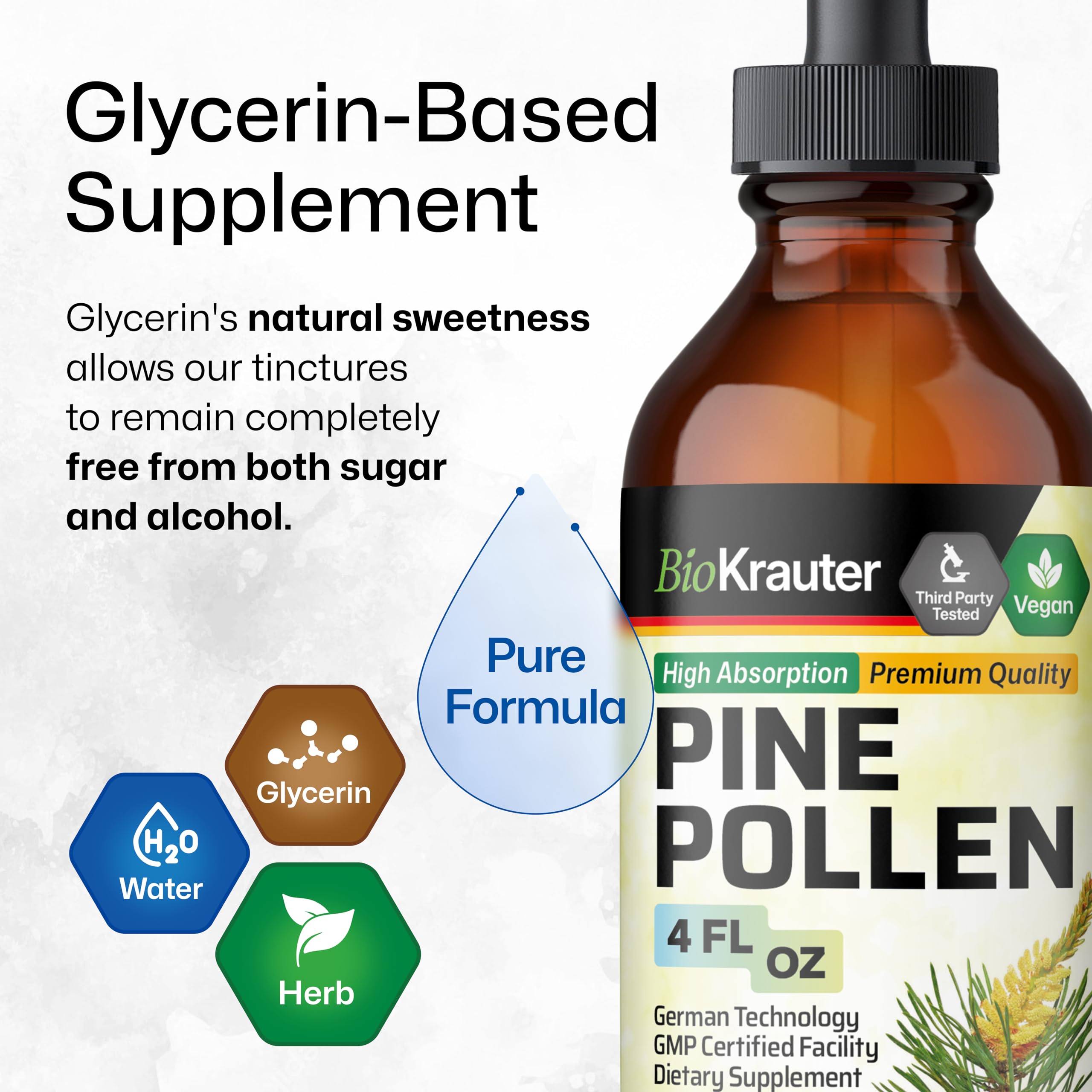 BIO KRAUTER Pine Pollen Tincture adding drops to beverage enhances flavor