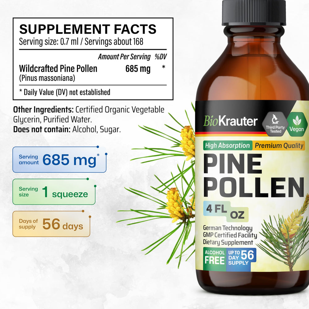 BIO KRAUTER Pine Pollen Tincture label shows vegan, non-alcohol ingredients