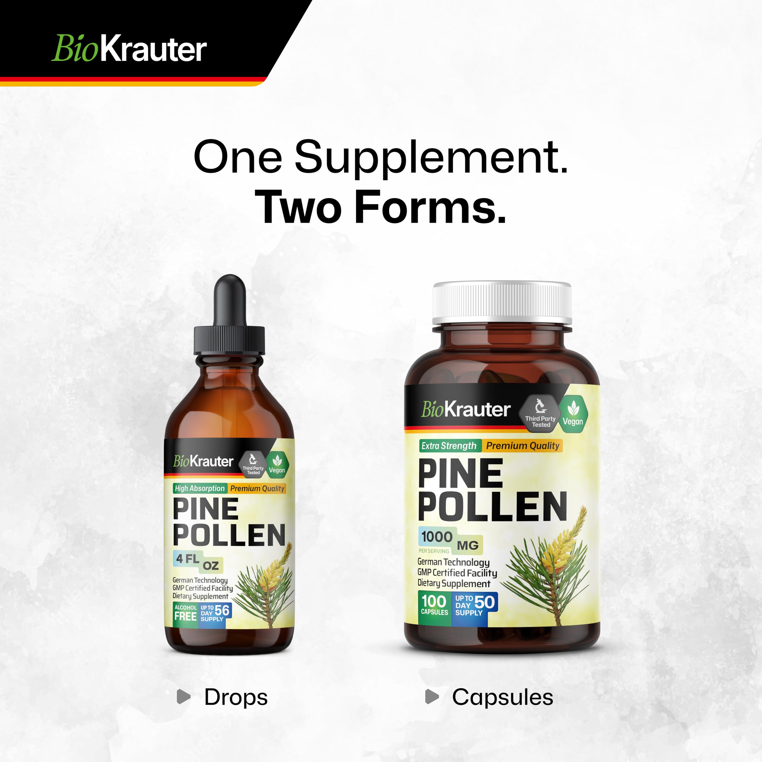 BIO KRAUTER Pine Pollen Tincture packaging design communicates vegan, alcohol-free promise