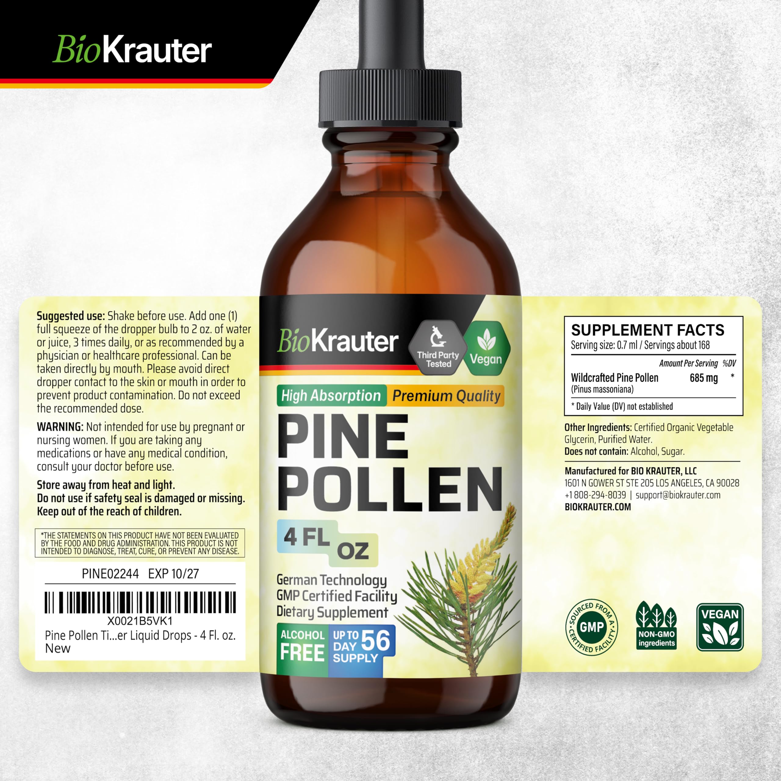 BIO KRAUTER Pine Pollen Tincture product shot highlights compact 4 oz bottle