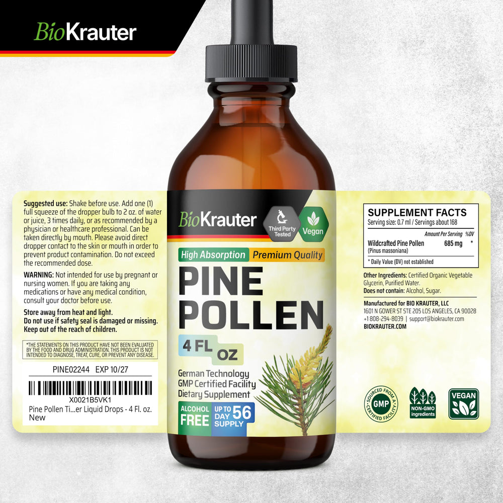BIO KRAUTER Pine Pollen Tincture product shot highlights compact 4 oz bottle