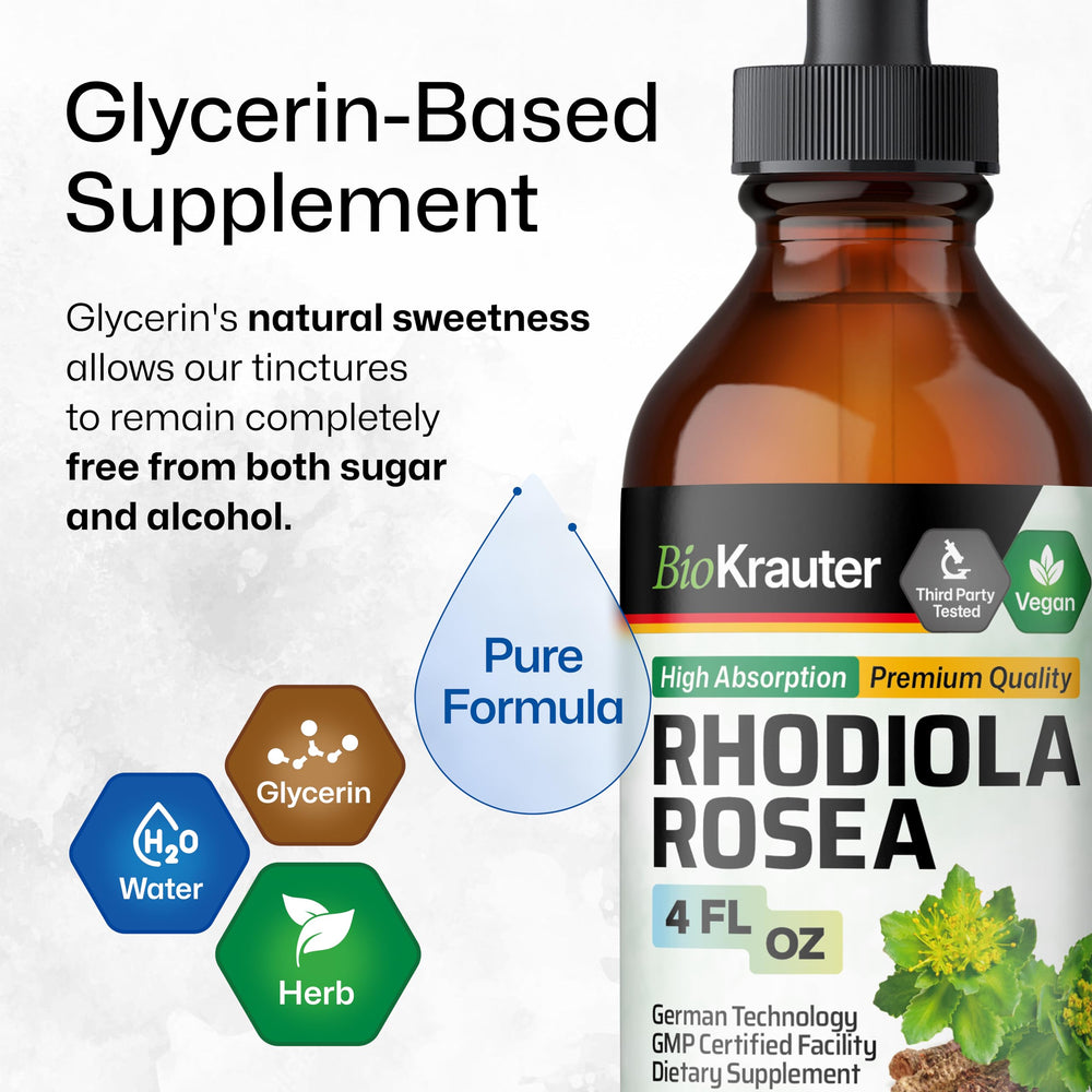 BIO KRAUTER Rhodiola Drops added to beverage for easy use.