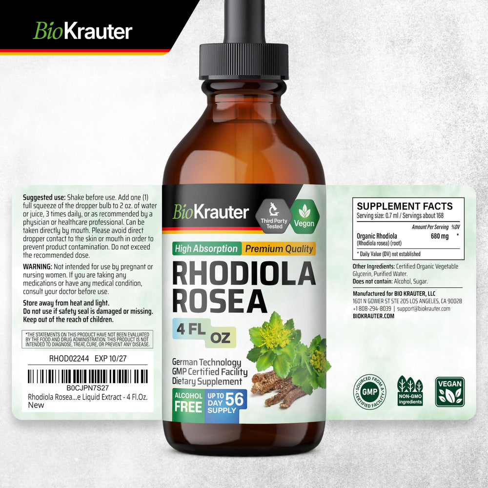 BIO KRAUTER Rhodiola drops under tongue for quick use.