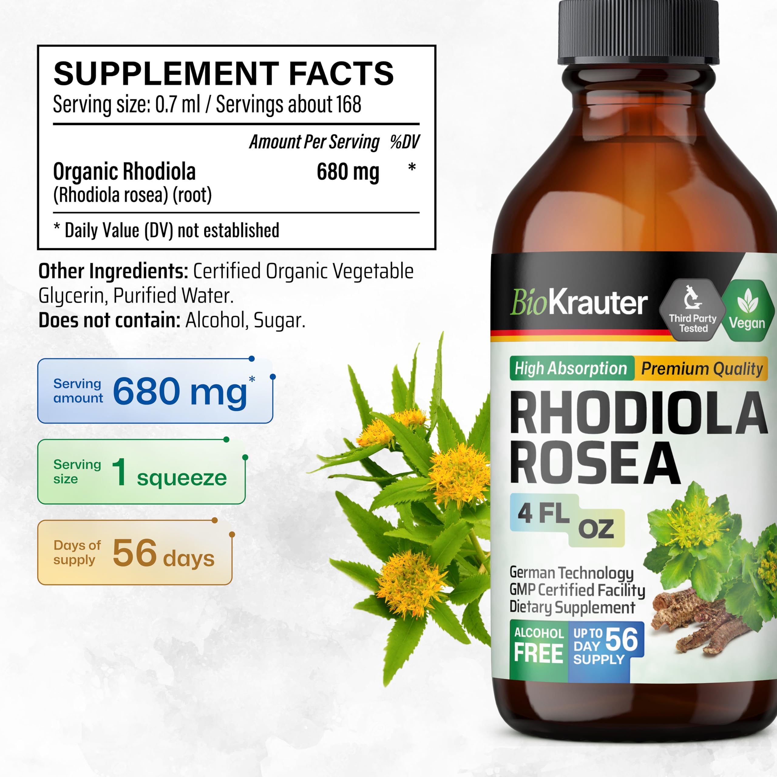 BIO KRAUTER Rhodiola Label design highlights alcohol-free formula.