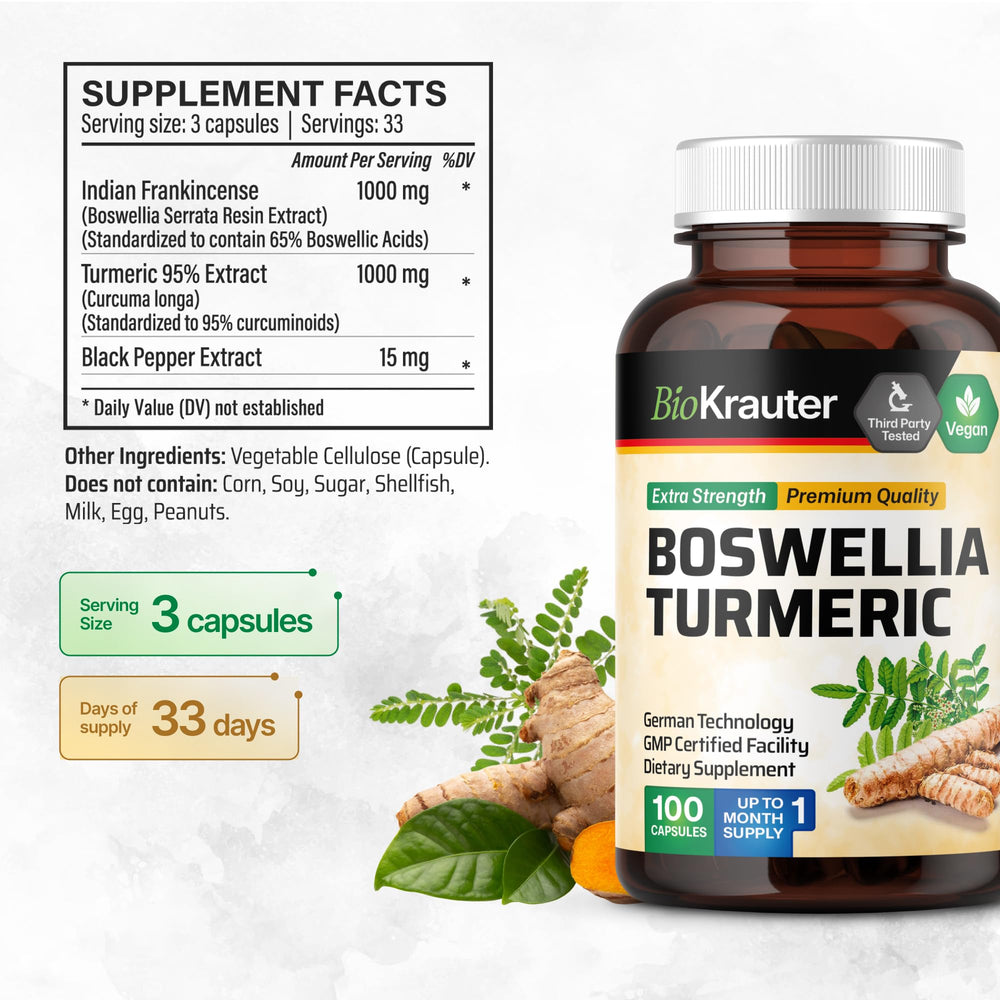 BIO KRAUTER turmeric-boswellia capsules inside bottle for daily use