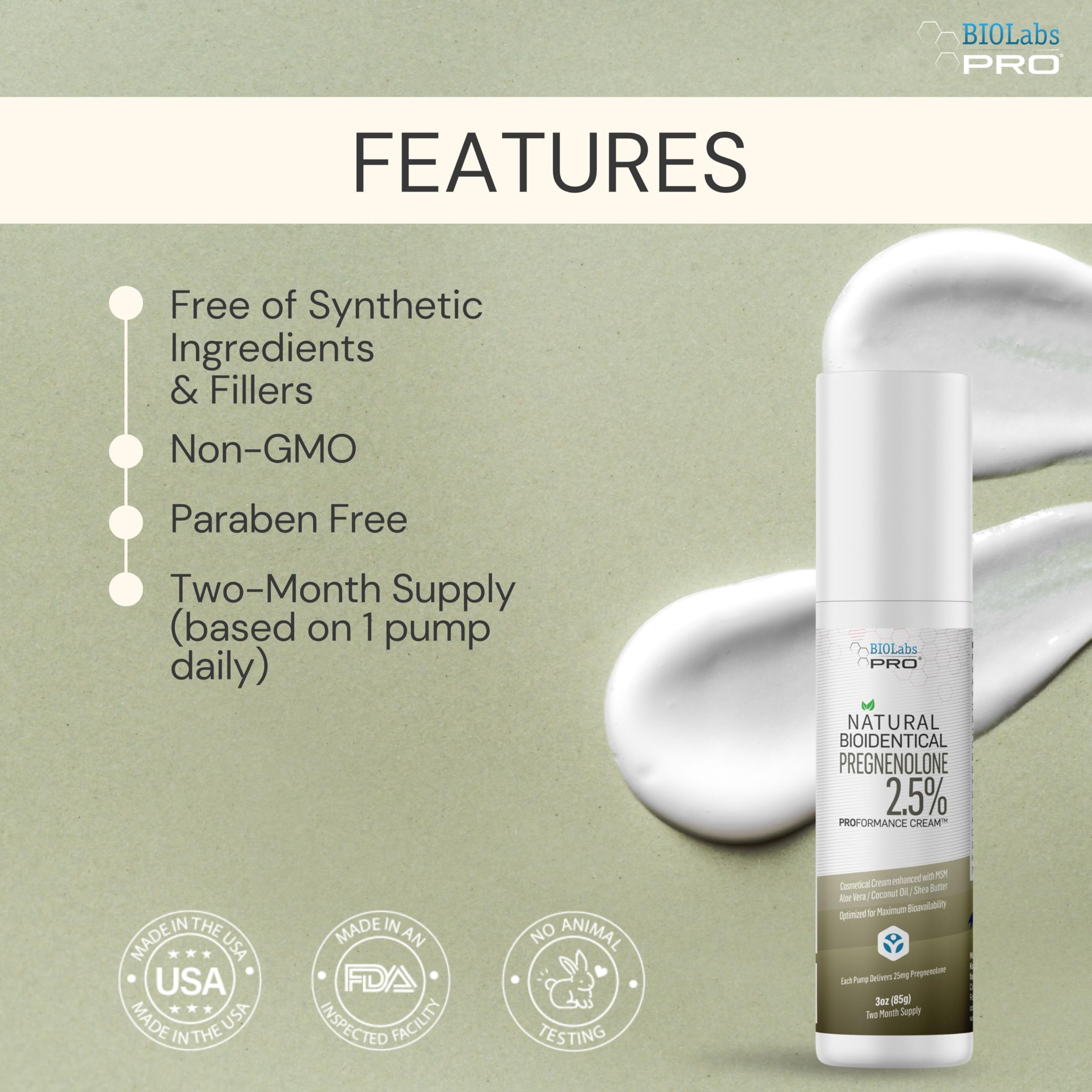 BIOLABS PRO Pregnenolone ingredients highlight MSM, Aloe Vera, Shea Butter for hydration.