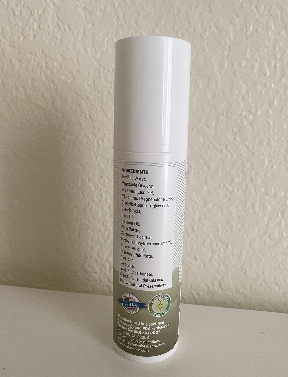BIOLABS PRO pregnenolone usage routine shown with skin care setup.
