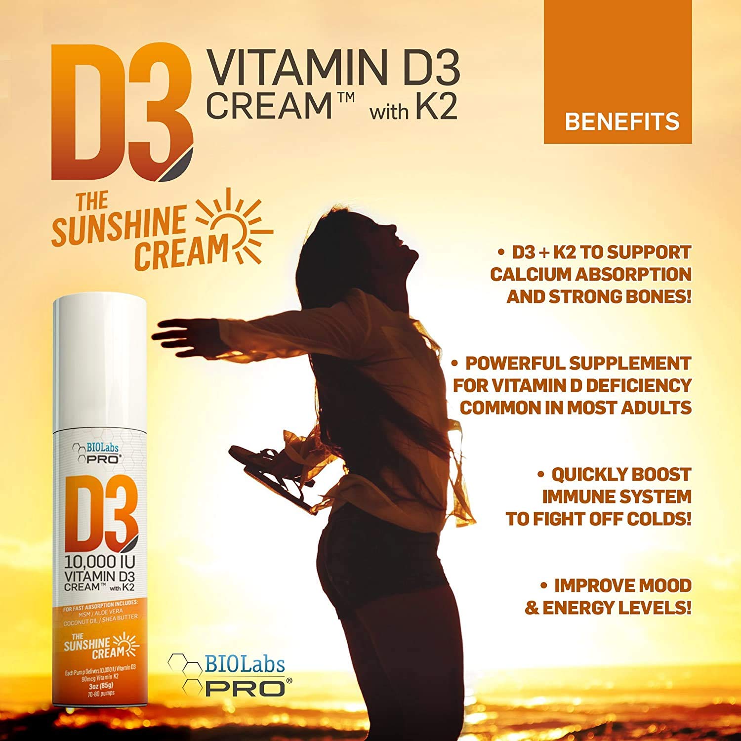 BIOLABS PRO Vitamin D3 cream application demonstrating easy topical use