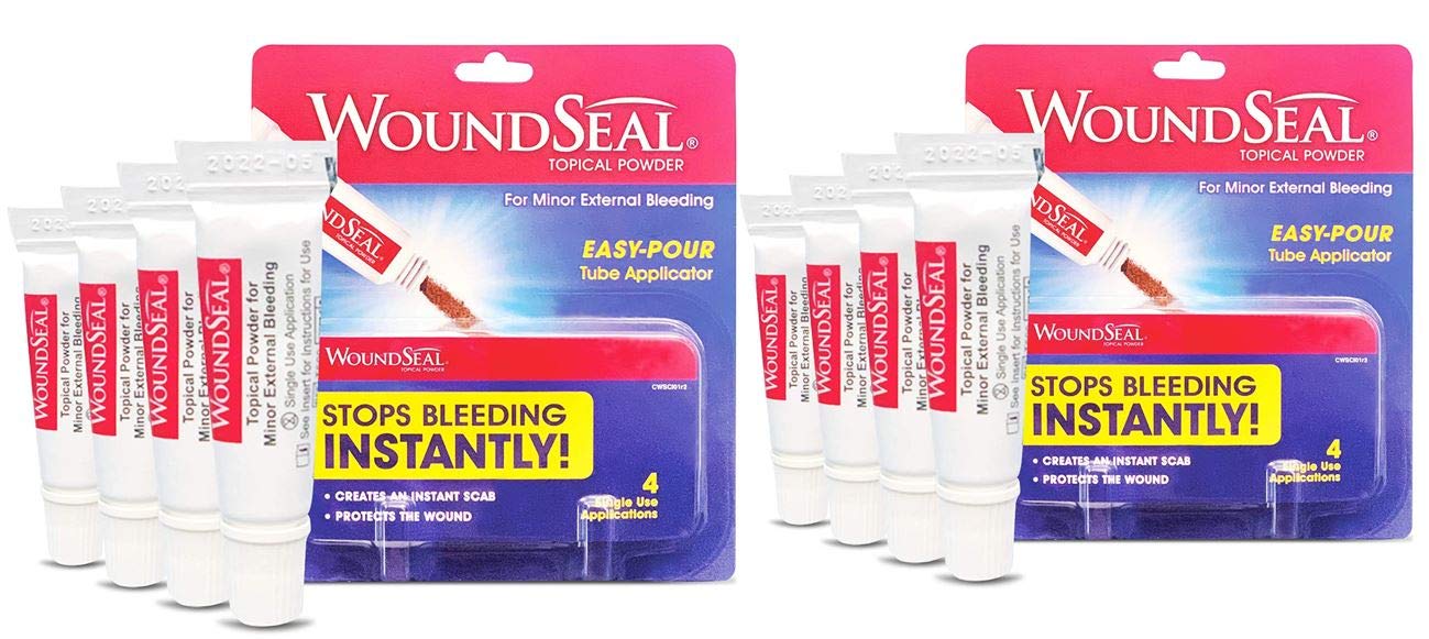 Biolife WoundSeal powder bottle close-up showing fast sealing action for minor wounds.