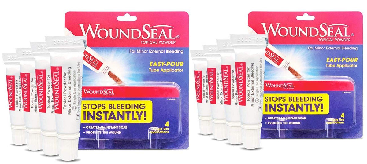 Biolife WoundSeal powder bottle close-up showing fast sealing action for minor wounds.