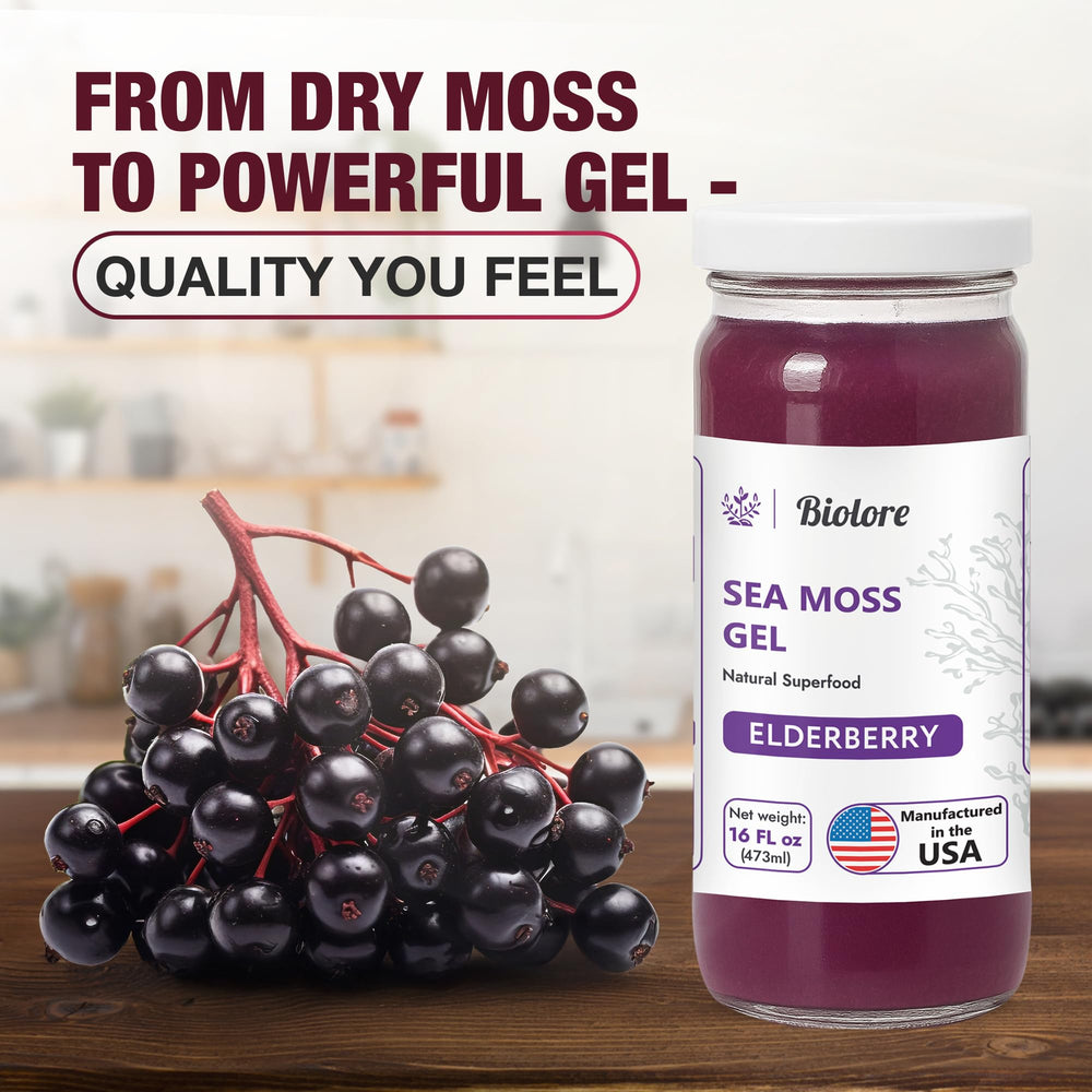 Biolore sea moss gel in glass jar showcases premium packaging.