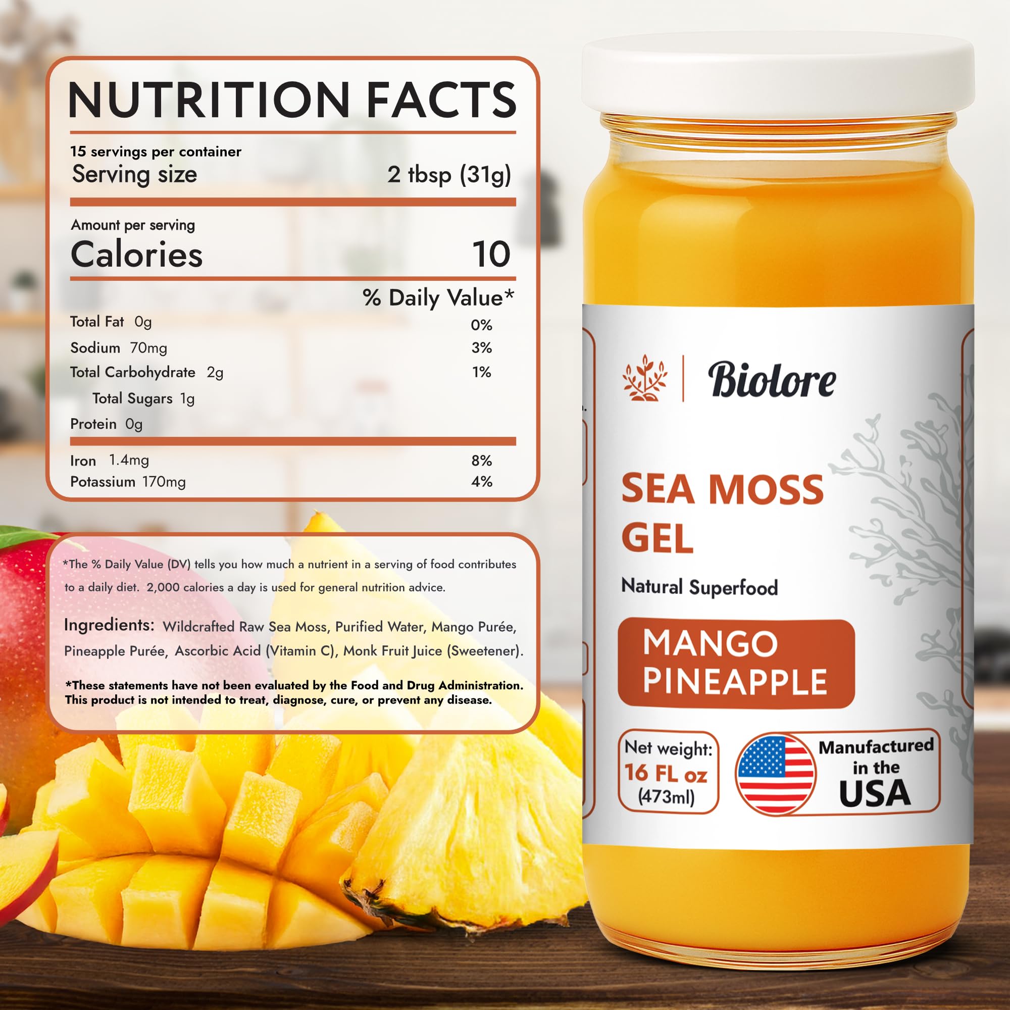 Biolore Sea Moss Gel mango-pineapple label closeup highlights natural ingredients and vibrant color.