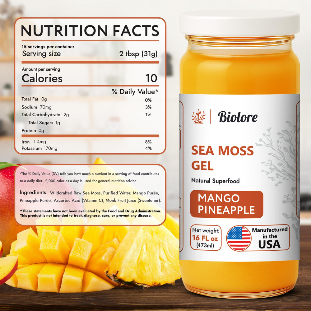 Biolore Sea Moss Gel mango-pineapple label closeup highlights natural ingredients and vibrant color.