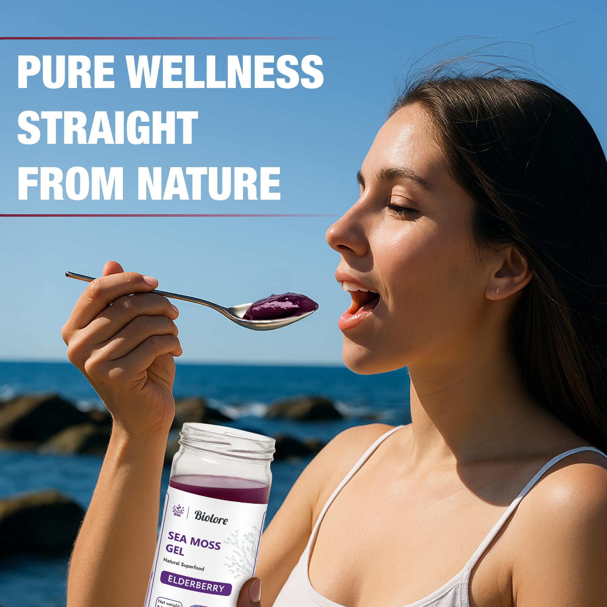 Scooping Biolore sea moss gel into a smoothie at home.