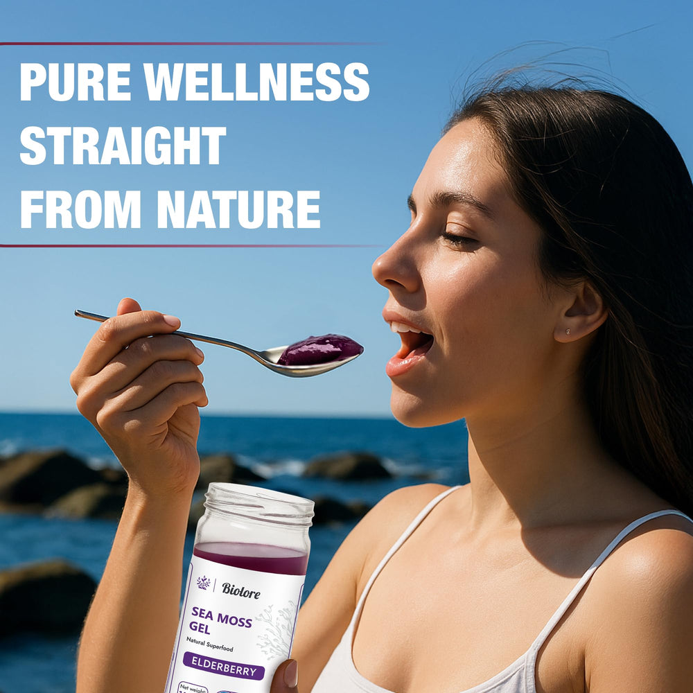 Scooping Biolore sea moss gel into a smoothie at home.