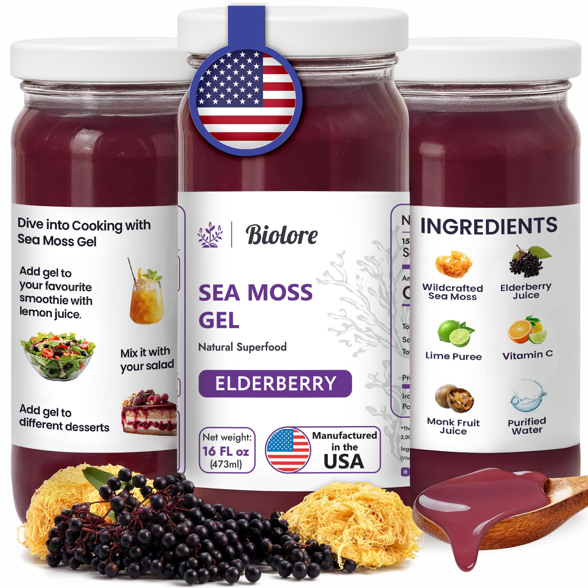 Biolore Elderberry sea moss gel in a 16 oz glass jar for daily wellness.