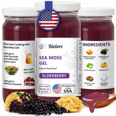 Biolore Elderberry sea moss gel in a 16 oz glass jar for daily wellness.