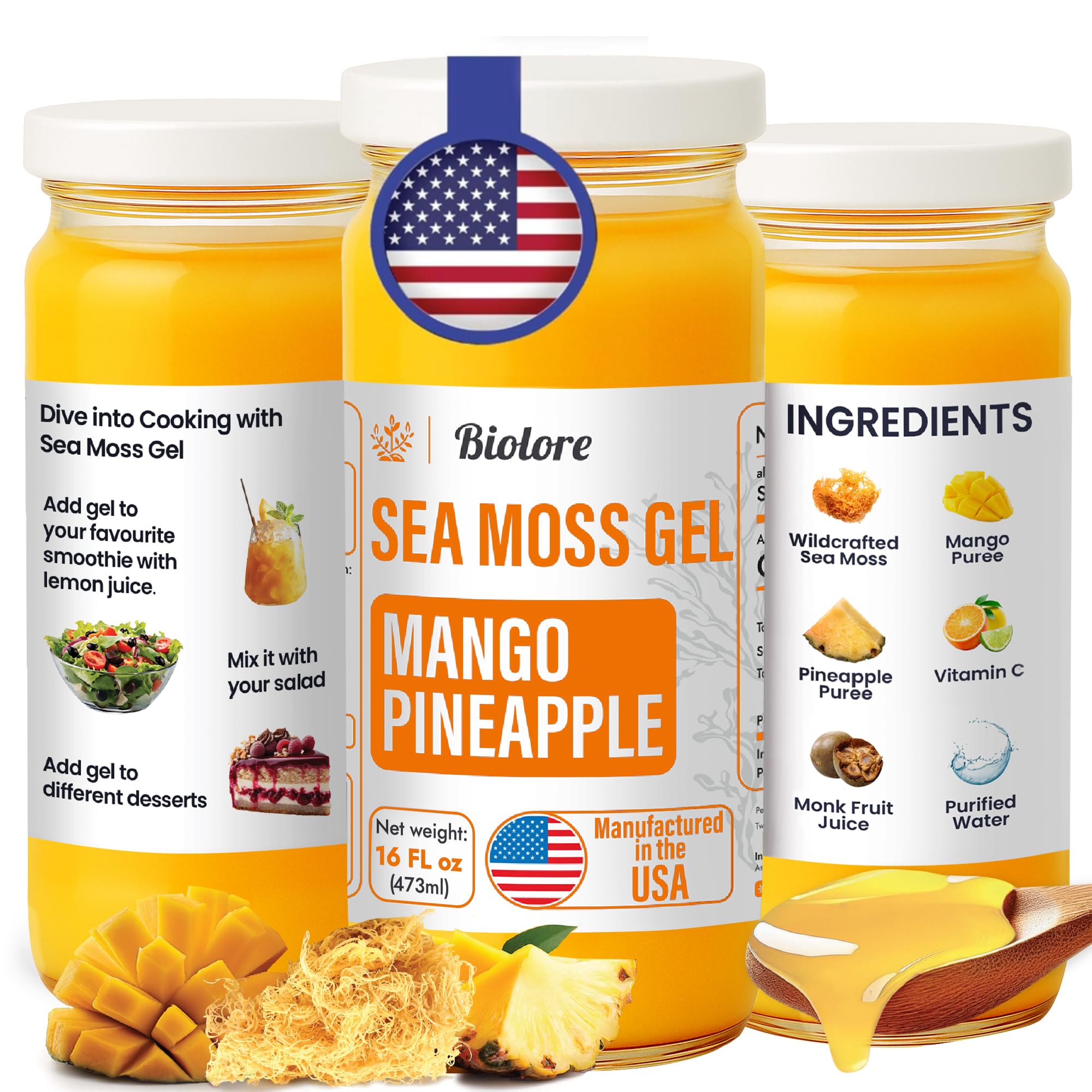 Biolore Wildcrafted Sea Moss Gel mango-pineapple jar on shelf showcases premium packaging for fresh, ready-to-use daily servings.