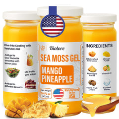 Biolore Wildcrafted Sea Moss Gel mango-pineapple jar on shelf showcases premium packaging for fresh, ready-to-use daily servings.