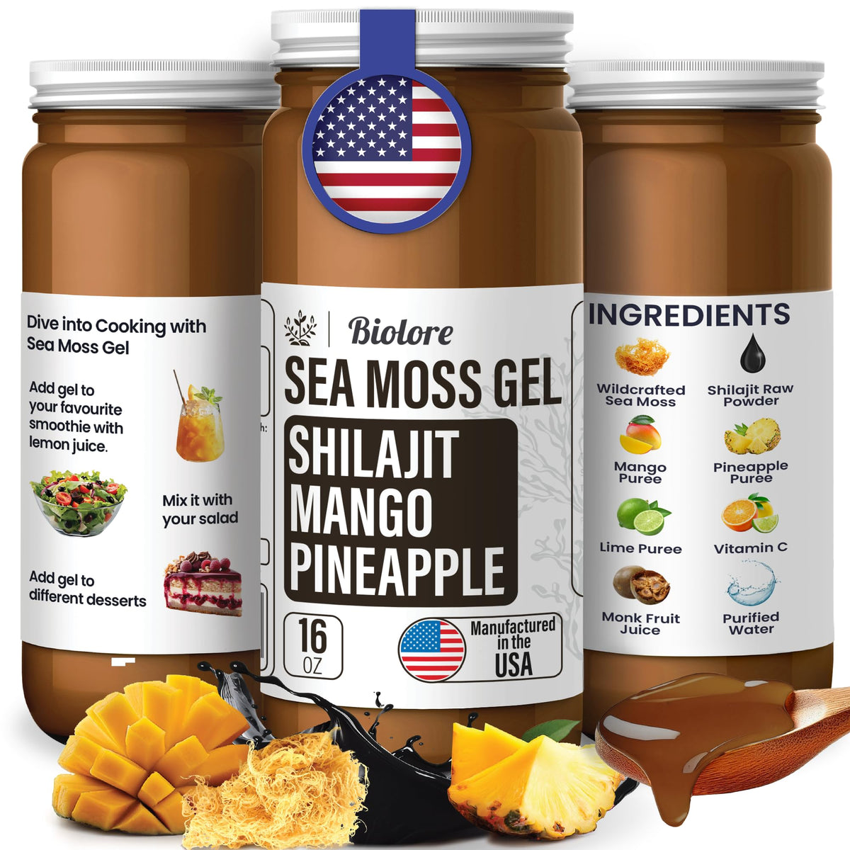 Biolore sea moss gel with shilajit mango pineapple in a 16 oz jar for natural energy