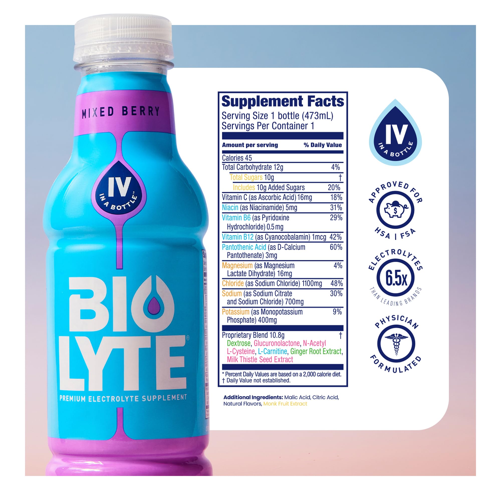 BIOLYTE 16 oz bottle on ice offers a cool, ready-to-drink option